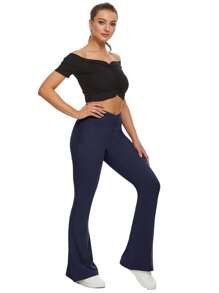 ZOOSIXX 1pc Women's Solid Color Cross Waist Breathable Sports Leggings, Capri Length, Slimming, Suitable For Outdoor Running