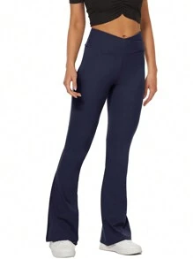 ZOOSIXX 1pc Women's Solid Color Cross Waist Breathable Sports Leggings, Capri Length, Slimming, Suitable For Outdoor Running