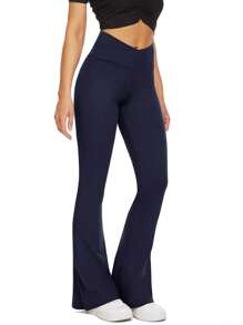 ZOOSIXX 1pc Women's Solid Color Cross Waist Breathable Sports Leggings, Capri Length, Slimming, Suitable For Outdoor Running