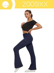 ZOOSIXX 1pc Women's Solid Color Cross Waist Breathable Sports Leggings, Capri Length, Slimming, Suitable For Outdoor Running