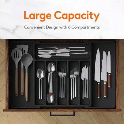 1pc Kitchen Expandable Cutlery Tray, Lifewit Silverware Drawer Organizer Box With  Cutlery And Cutlery Holder, Adjustable Plastic Spoon Fork Knife Storage Space, Large Size, Black