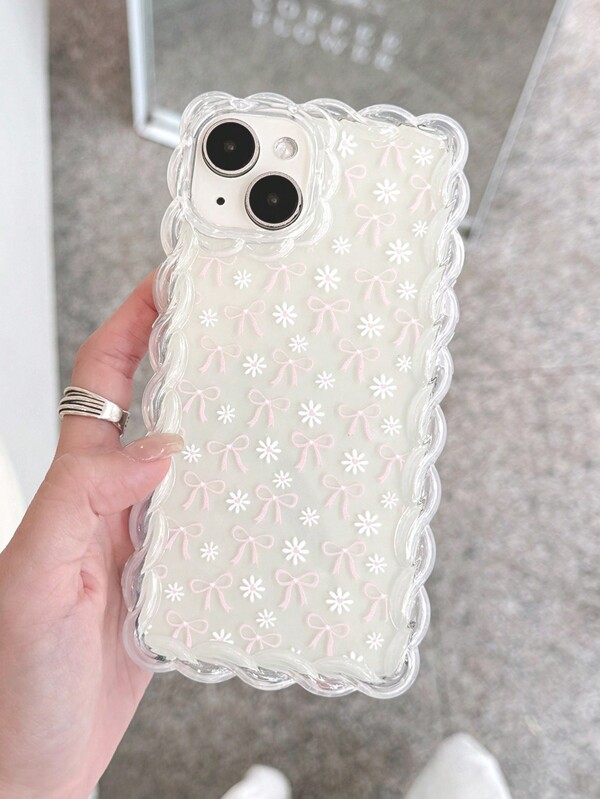 1pc Summer Small Daisies Print Phone Case With Bowknot Design, Wave Pattern And Lace Edge, Made Of Silicone For Protection. Compatible With IPhone 11/12/13/14/15 Pro Max Waterproof Shockproof Anti-Fall Scratch Resistant