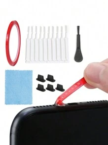 Kit di pulizia per telefoni cellulari 9 pezzi: nastro adesivo, spazzola per porto di ricarica, pulitore per foro audio, spazzola per la pulizia di fessure, panno per la pulizia, tappi antipolvere in silicone