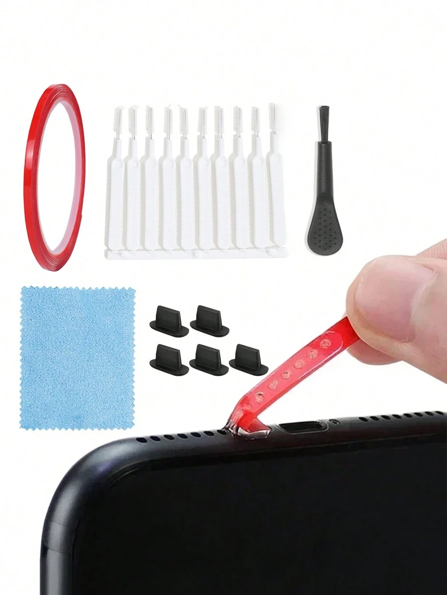Kit di pulizia per telefoni cellulari 9 pezzi: nastro adesivo, spazzola per porto di ricarica, pulitore per foro audio, spazzola per la pulizia di fessure, panno per la pulizia, tappi antipolvere in silicone