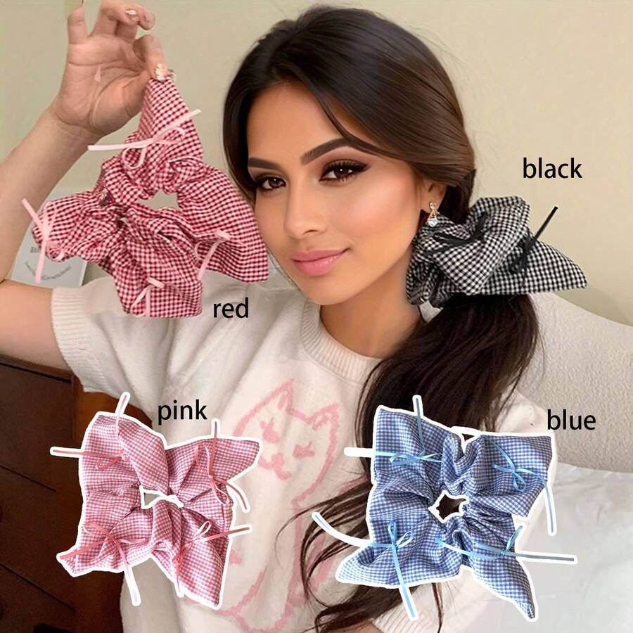 Ballet-Inspired Checkered Bow Hair Scrunchie With Extra Large Bow And Square Windmill Accessory, 1pc For Women - Multicolor - View 1