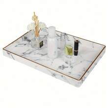 Large Rectangular Gold Rimmed White Marble Pattern Serving Tray, Decorative Tabletop Accessory - Black and White - View 5