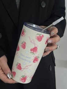 1 件原创设计可爱草莓蝴蝶结 20 盎司（600 毫升）不锈钢双层保温杯、咖啡杯、水杯、便携杯、节日礼物、生日礼物、学生杯、极具吸引力（无吸管）水瓶返校 - 彩色 - 查看 9