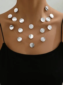 1pc Silver Fashion Metal Geometric Circle Multi-Layer Stackable Invisible Necklace Party & Holiday Jewelry