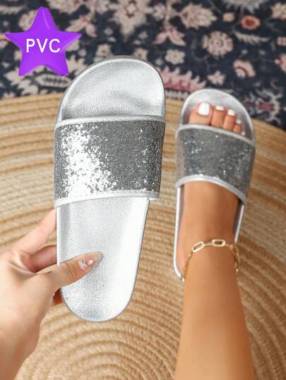 Women's Flat Sandals Outdoor Fashionable Slip-On Indoor Anti-Skid Sequined Slouchy Slippers