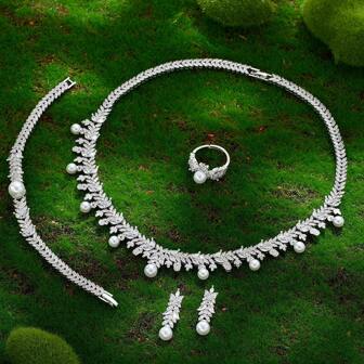 Elegant Pearls Cubic Zirconia 4pcs Necklace Sets For Women Dubai Wedding Jewelry Set Bridal Accessories