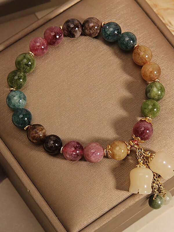1pc New Style Beaded Colorful Beryl Bracelet For Women, Lily Flower Pendant Hand Chain, Gift For Girlfriend & Best Friend (Random Bead Colors)