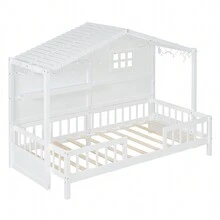 MERAX Twin Size House Bed With Shelves, House Bed With Window And Sparkling Light Strip On The Roof - trắng - Xem 6