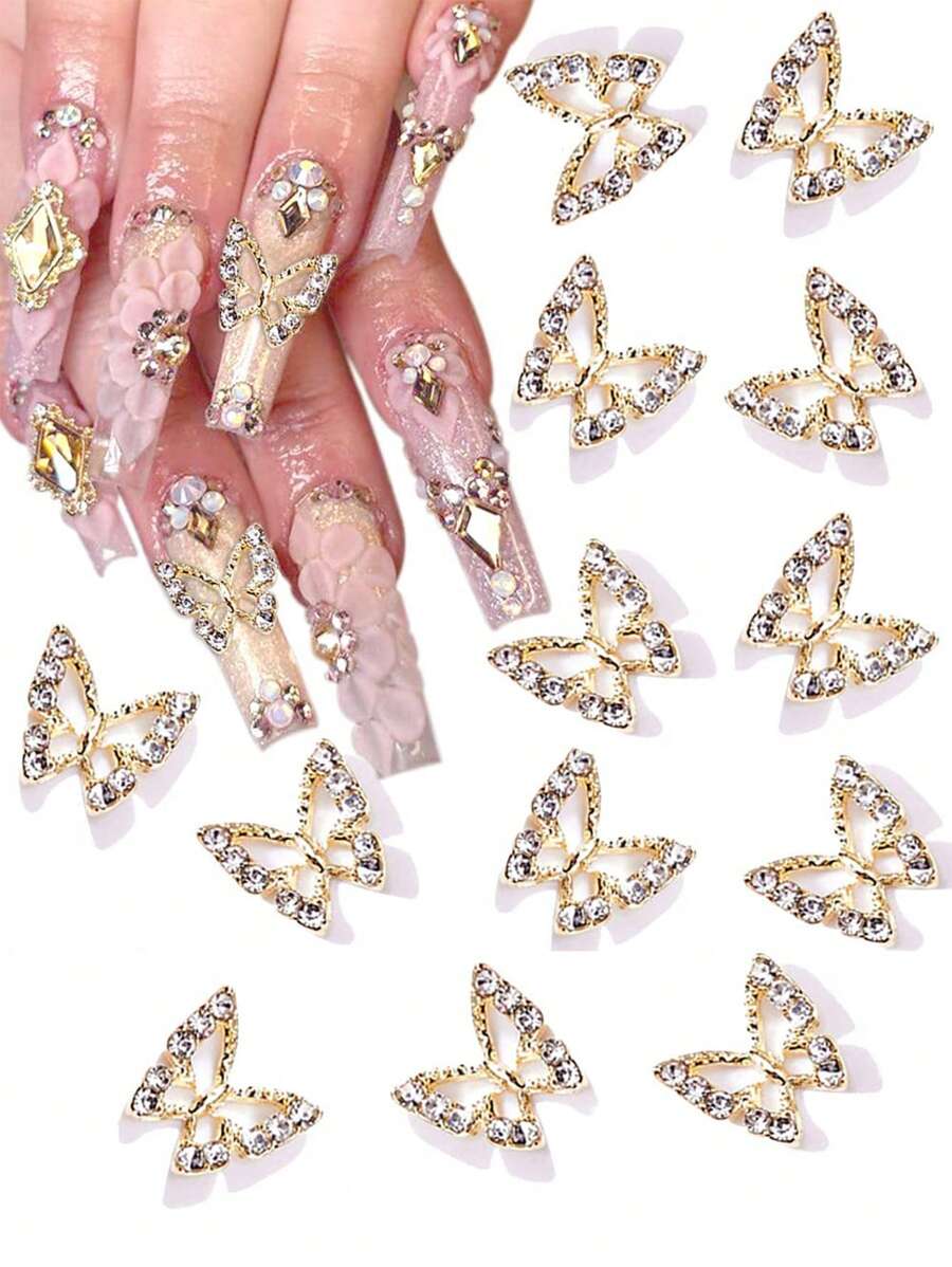 10 peças de adornos de unha de borboleta de liga 3D, Gemas de unhas DIY, Suprimentos de unhas