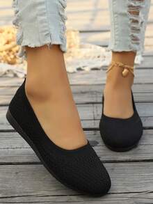 Zapatos de oficina casuales de punto de mujer con abertura baja, tacones de cuña negros deslizables, puntera redonda a juego para todas las estaciones, regalo de San Valentín - Negro - Ver 5