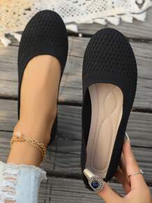 Zapatos de oficina casuales de punto de mujer con abertura baja, tacones de cuña negros deslizables, puntera redonda a juego para todas las estaciones, regalo de San Valentín - Negro - Ver 2