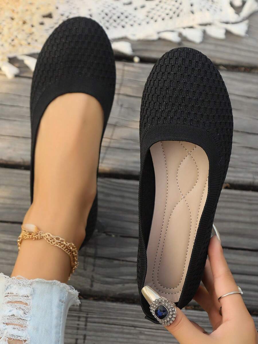 Zapatos de oficina casuales de punto de mujer con abertura baja, tacones de cuña negros deslizables, puntera redonda a juego para todas las estaciones, regalo de San Valentín