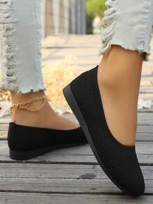Zapatos de oficina casuales de punto de mujer con abertura baja, tacones de cuña negros deslizables, puntera redonda a juego para todas las estaciones, regalo de San Valentín - Negro - Ver 7