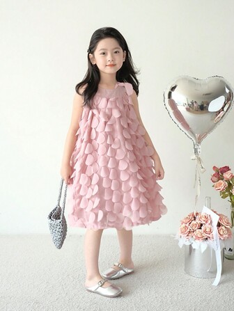 少女3D花瓣肩帶蝴蝶袖連領結禮服裙，優雅晚會裙