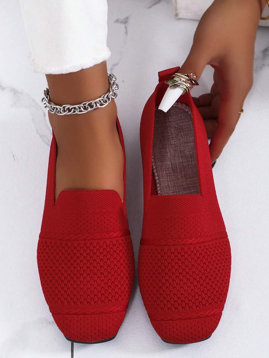 Women's Knitted Flat Loafers, Comfortable Square Toe Dolly Shoes, Breathable Mother Shoes For Spring/Autumn