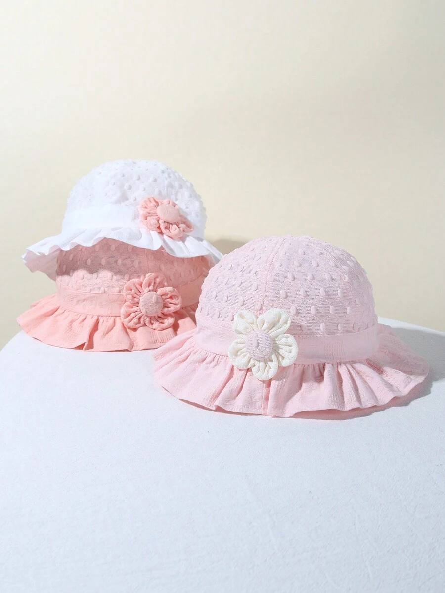 1pc Baby Solid Color Floral Decor Bucket Hat, Suitable For Daily Wear - White - View 1