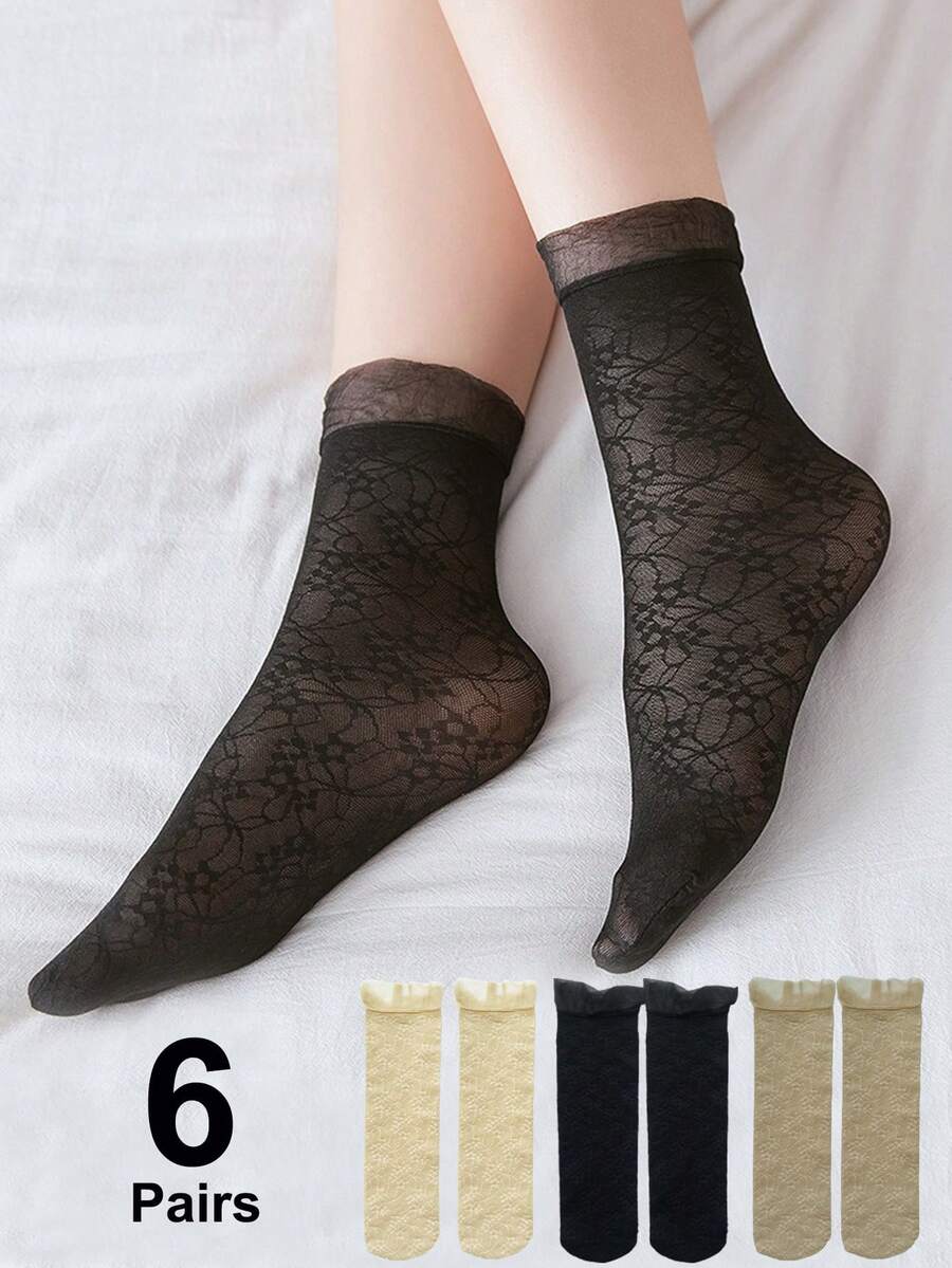 6 Pairs Women's Flower Pattern Socks With Ruched Hem, Thin Short Socks Ideal For Daily Casual Wear - Multicolor - View 1