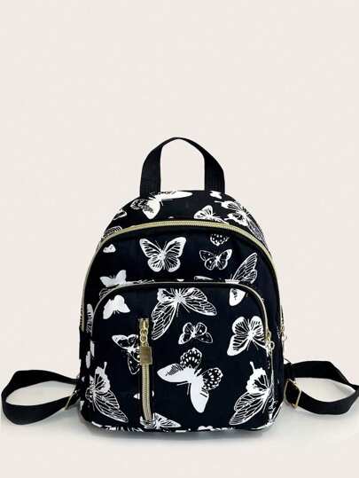 防水蝴蝶图案迷你经典双肩包，拉链书包，适合中小学生，户外、旅行、返校、毕业礼物
