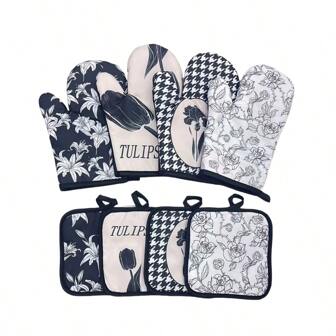 2 pièces Gants de four de cuisine épais imprimés en noir et blanc et tapis isolant thermique, mitaines de cuisson de micro-ondes-four, résistantes à haute température