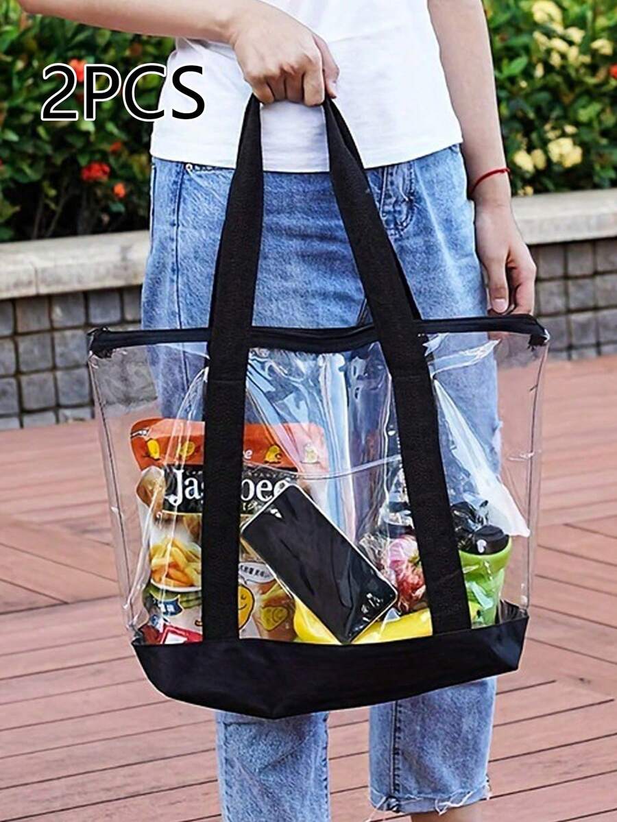 2 piezas Bolsas de playa grandes y transparentes, con gran capacidad, asas resistentes, diseño elegante, adecuadas para salidas, viajes, compras y uso en el hogar - transparente - Ver 1