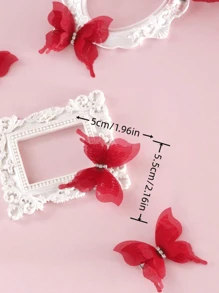 6pcs Lace & Rhinestone Butterfly Hair Clips, Suitable For Daily Use Claw Clips Hair Claws Hair Barrettes, School Stuff, Looks Of Party, Hair Accessories, Head Accessories - Red - View 3