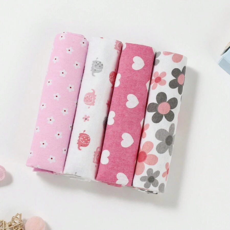 4 件装婴儿襁褓毯，带花朵、大象印花，法兰绒制成，柔软舒适，情人节爱心图案 - 花朵小象 - 查看 1