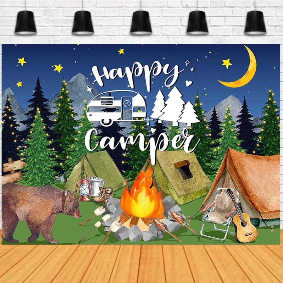 Decoraciones para fiesta temática de campamento, suministros para fiesta de cumpleaños temática de aventura en el bosque y campamento, Fondo de decoración para campamento con temática de feliz campista - Tipo A - Ver 1