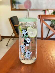 1pc Panda Glass Cup, Highly Attractive Portable Cold-Brew Coffee Cup With Straw, Large Capacity Water Cup For Summer - Multicolor - View 10
