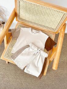 2pcs Baby Boy Casual Colorblock Short Sleeve T-Shirt And Shorts Set, Summer
