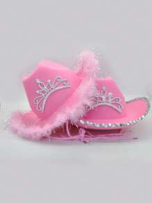 1pc Women's Western Crown Cowboy Hat, Feather Decor, Sequin Trim, Pink Western Cowboy Hat, Stage Hat