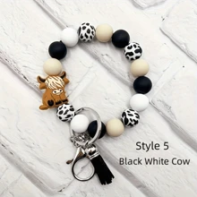 1pc/6pcs Cartoon Animals Brown Cow Bull Head Silicone Bead Bracelet Keychain Charm For Ladies Western Retro Fringe Wristlet Key Ring Accessories Gifts - Multicolor - View 7