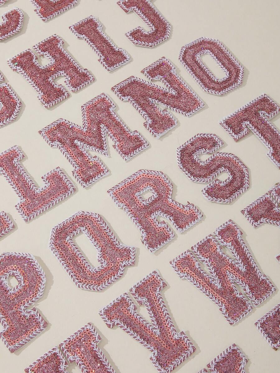 26pcs Sequin Glitter Embroidery Ironing Patch, Fashionable Shiny English Letter Clothing Hats Luxury Decorative Accessories - Pink - View 1