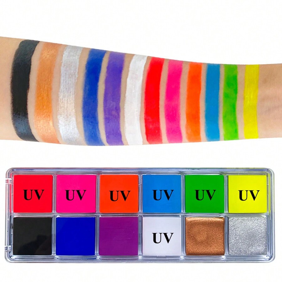 12 Colors UV Glow Neon Face Body Painting Palette, Water Activated