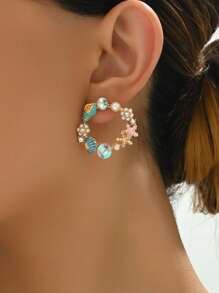 1 par de Brincos de Gota Incrustados com Estrela do Mar, Concha e Pérola Criativas e Fofas para Moda de Verão e Praia