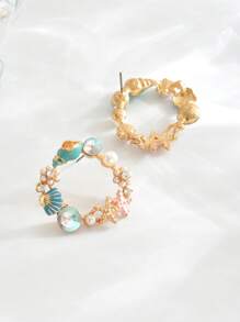 1 par de Brincos de Gota Incrustados com Estrela do Mar, Concha e Pérola Criativas e Fofas para Moda de Verão e Praia