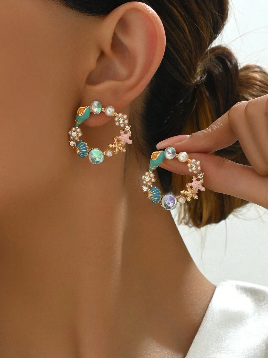 1 par de Brincos de Gota Incrustados com Estrela do Mar, Concha e Pérola Criativas e Fofas para Moda de Verão e Praia