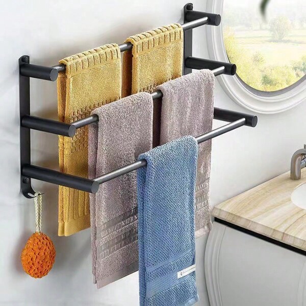 1 pieza Barra de toalla sencilla y lisa, toallero de ducha para baño, soporte de toalla de pared montado, colgador de toalla de baño, adecuado para almacenamiento de toallas, accesorios de baño, gancho sin perforación/soporte de toalla perforable con gancho trasero de vuelta al colegio