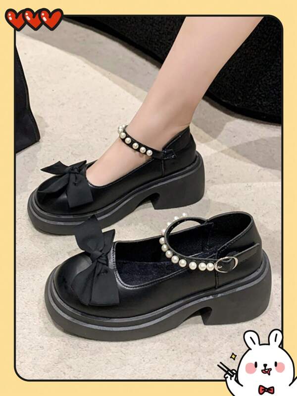 2024 Spring New Style Black Chunky Heel Mary Jane Shoes With Bowknot, French Style Fashionable Shoes Valentines