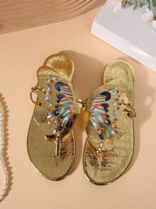 New Cross-Border Colorful Embroidered Design For Spring & Summer - Golden 3D Butterfly, French Lychee Pattern, Retro Style - Suitable For Beach Parties, Shiny, Non-Slip Women's Flat Sandals - Gold - View 7