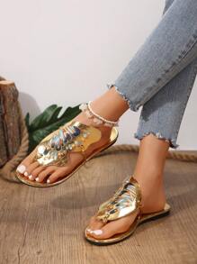 New Cross-Border Colorful Embroidered Design For Spring & Summer - Golden 3D Butterfly, French Lychee Pattern, Retro Style - Suitable For Beach Parties, Shiny, Non-Slip Women's Flat Sandals - Gold - View 5