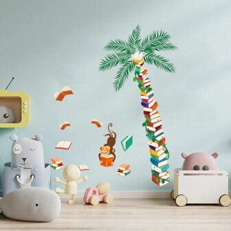 1套猴子閱讀書籍書架牆貼紙適用於學校教室，棕櫚樹和海灘閱讀壁貼適用於臥室家居裝飾