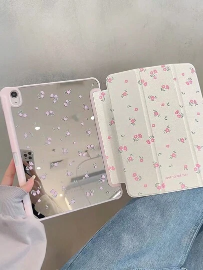 Eine schöne pinkfarbene Blume Dual-Side Farbzeichnung Acryl-Rückplatte drop-proof Hülle mit Sleep/Wake Funktion, kompatibel mit iPad/Huawei