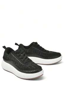Women Platform Casual Sneakers Thick-Sole Woven Style Fashion Comfortable Wedge Sneakers Autumn Winter Outdoor Sport Shoes - màu đen - Xem 7