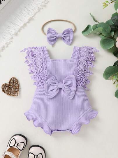 Adorable And Sweet Baby Girl Breathable Solid Color Bodysuit With Water-Soluble Lace And Headband, Suitable For Casual Parties, Vacations