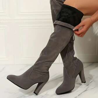 Women's Over The Knee Boots, Solid Color Block Heeled Pull On Long Boots, All-Match Comfortable High Heeled Boots