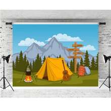 Campfire Camper Tent Theme Birthday Party Backdrop Hiking Climbing Sign Guitar Backpacks Background Photo Props Cartoon Camping Backdrop Forest And Mountain Scenery Outdoor - Type a - View 2